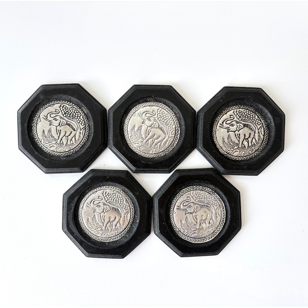 Vintage Thai‎ Elephant Coasters Set of 5 Octagonal Black Silver Tone
